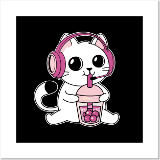 Gamer Cat Drinking Bubble Tea Posters and Art